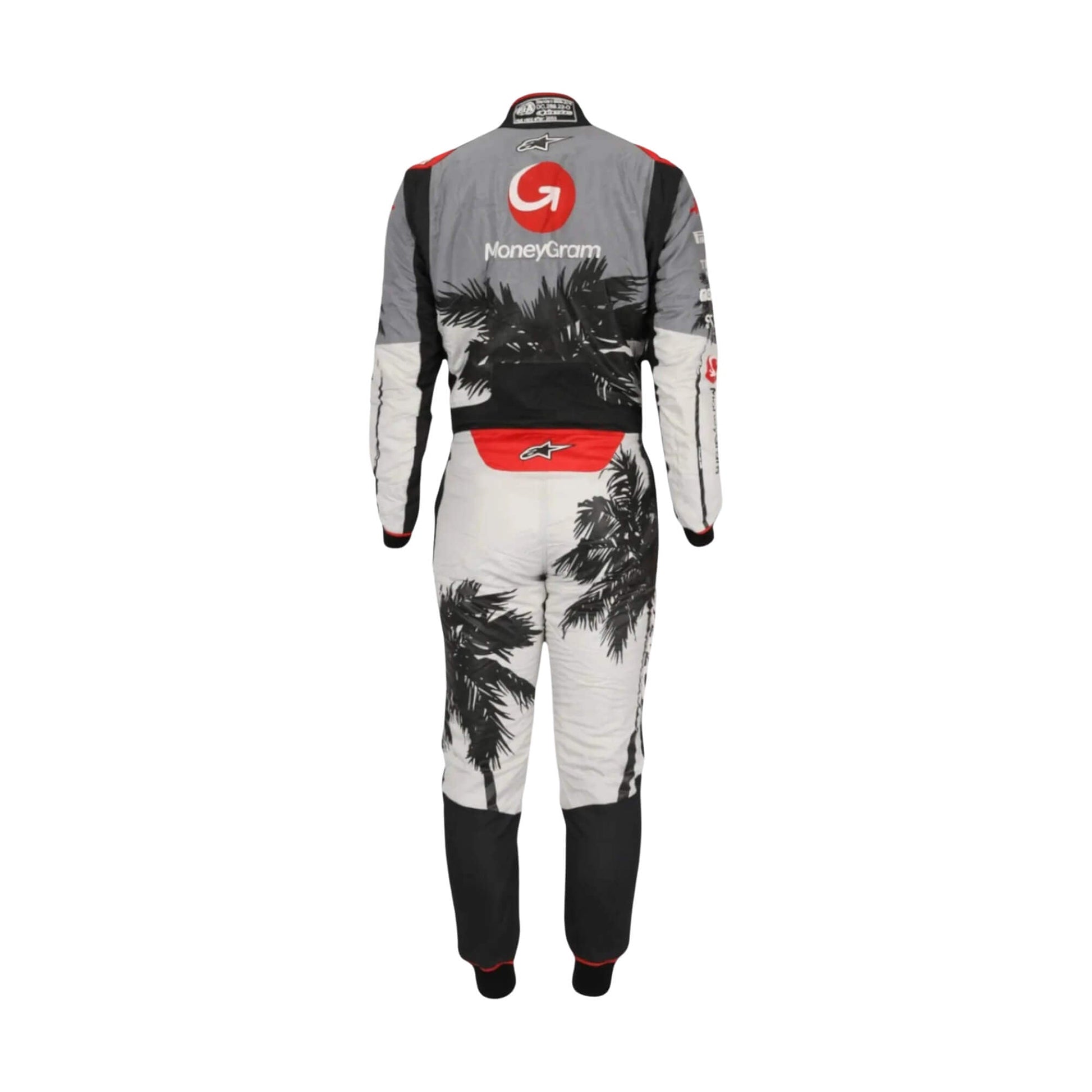 Rear shot of Kevin Magnussen-style Miami Grand Prix 2023 race suit, showcasing breathable panels, tailored fit, and dynamic color blocking.