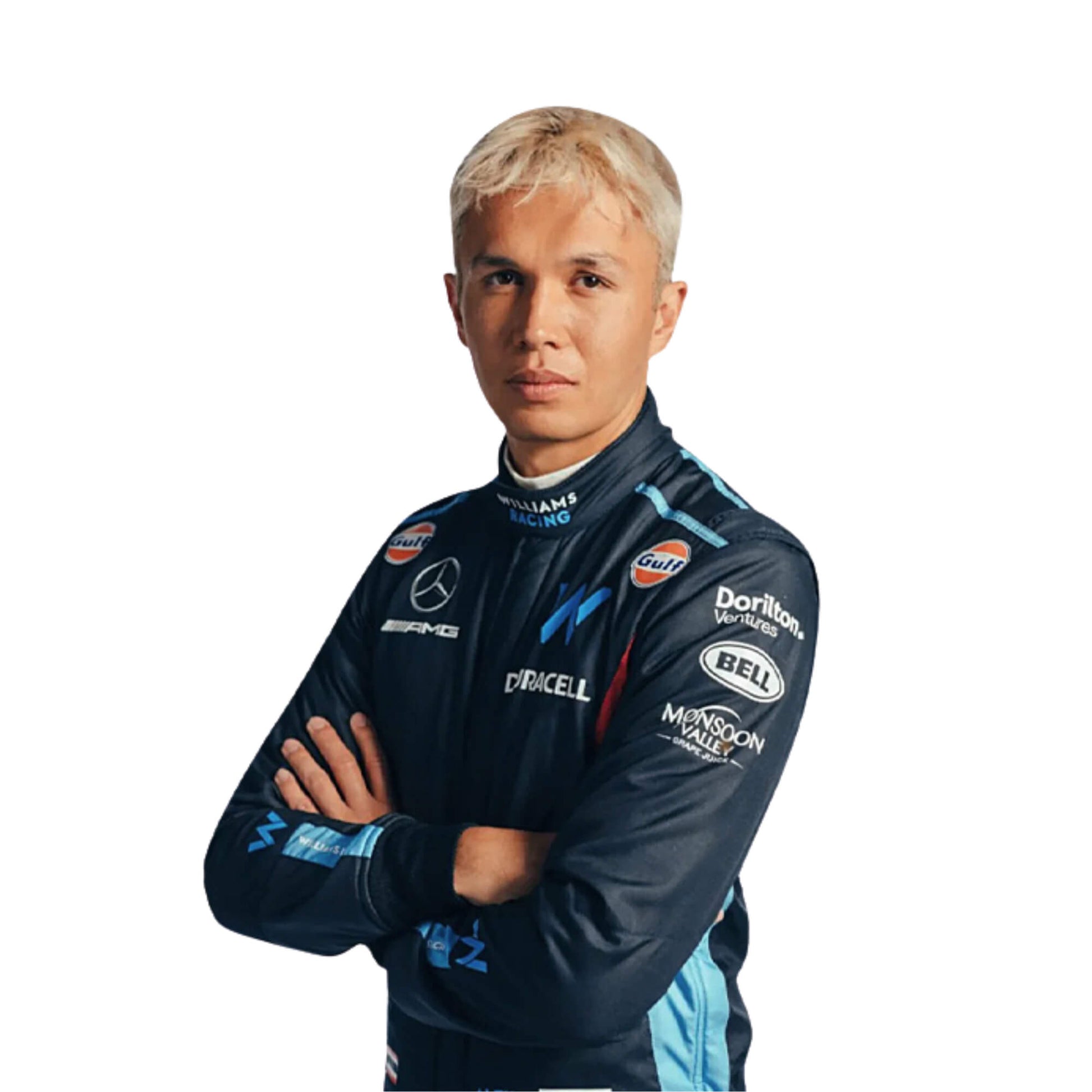 Close-up of the 2023 F1 race suit inspired by Alex Albon, displaying the intricate dark blue material with red and light blue stitching.