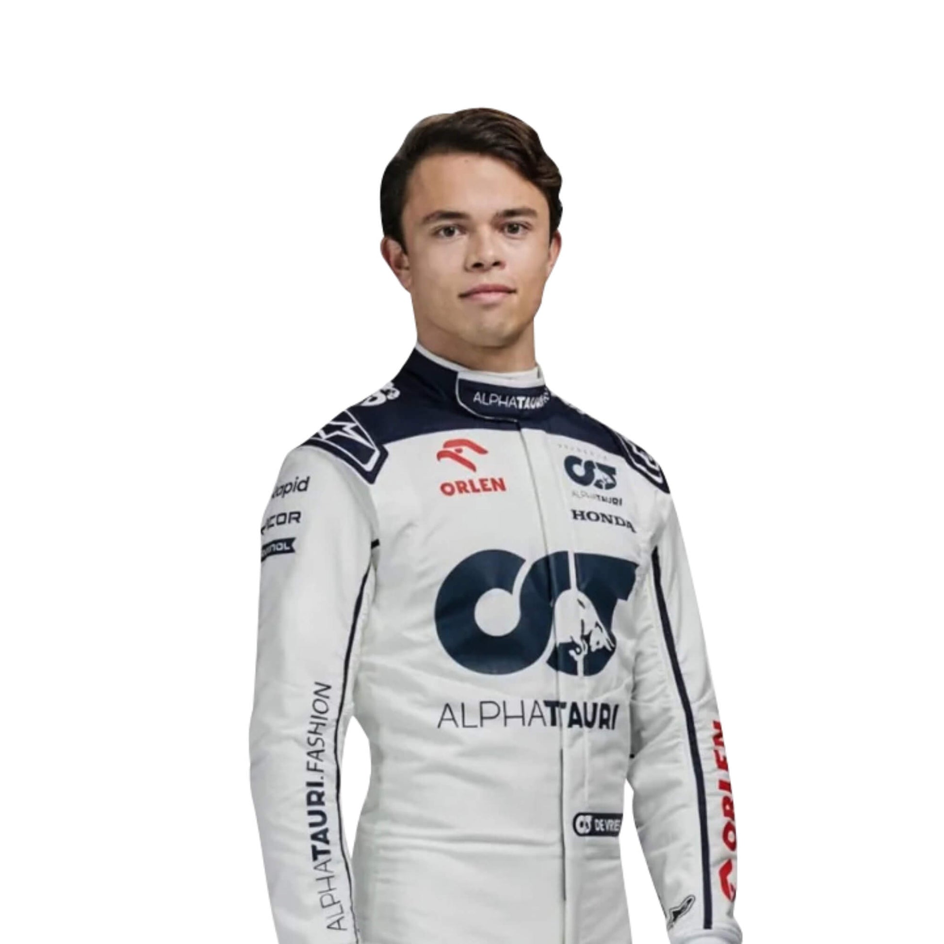 Close-up of de Vries' 2023 F1 racing suit fabric texture and stitched sponsor logos, detailing the high-quality materials and the integration of the white, navy blue, and red color palette.