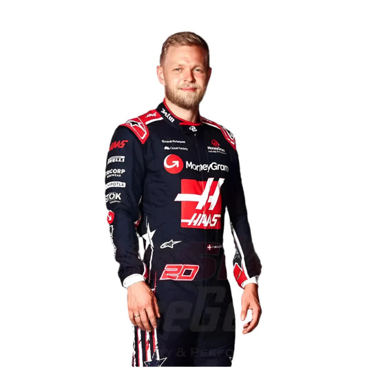 Close up side profile of Kevin Magnussen's Confidently smile in 2023 special edition F1 racing suit for the Austin Grand Prix