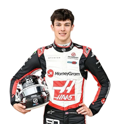 oliver wearing a 2024 racing suit with sponsor logos, holding a helmet on a white background
