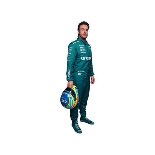 2024 Aston Martin F1 Race Suit Left Side View, Featuring Sponsor Logos and Aston Martin Branding, Worn by Fernando Alonso