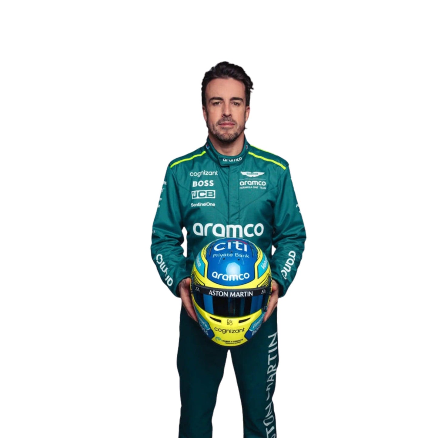 2024 Fernando Alonso Aston Martin F1 Team Race Suit Half Front, Featuring Sponsor Logos and Aston Martin Branding, Detailed Embroidery