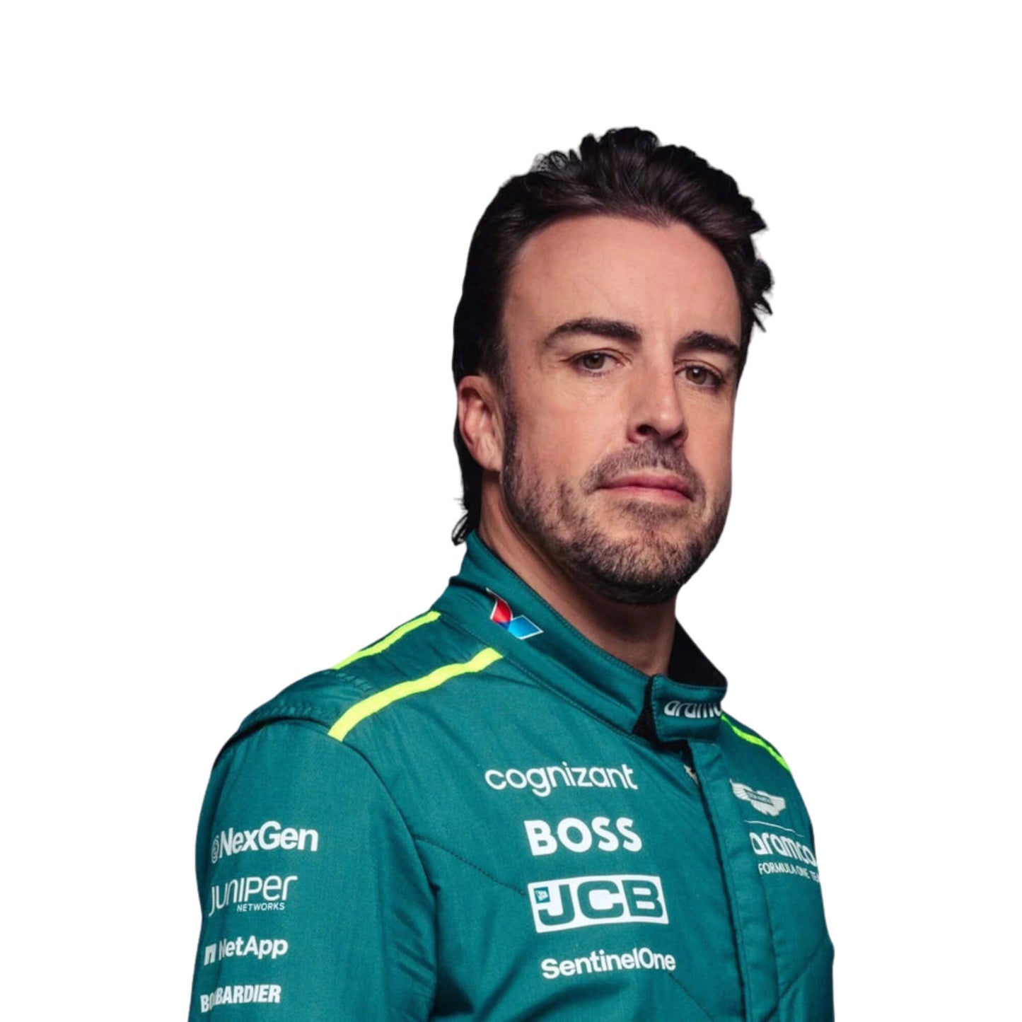 2024 Fernando Alonso Aston Martin F1 Team Race Suit Half Front, Featuring Sponsor Logos and Aston Martin Branding, Detailed Embroidery