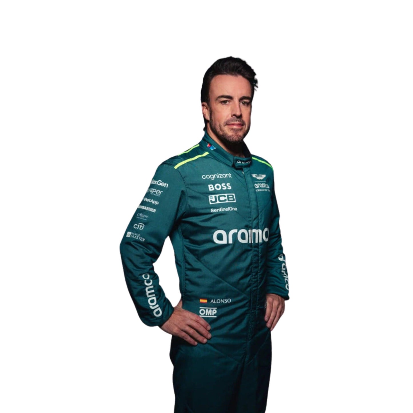 2024 Fernando Alonso Aston Martin F1 Team Race Suit Half Front, Featuring Sponsor Logos and Aston Martin Branding, Detailed Embroidery