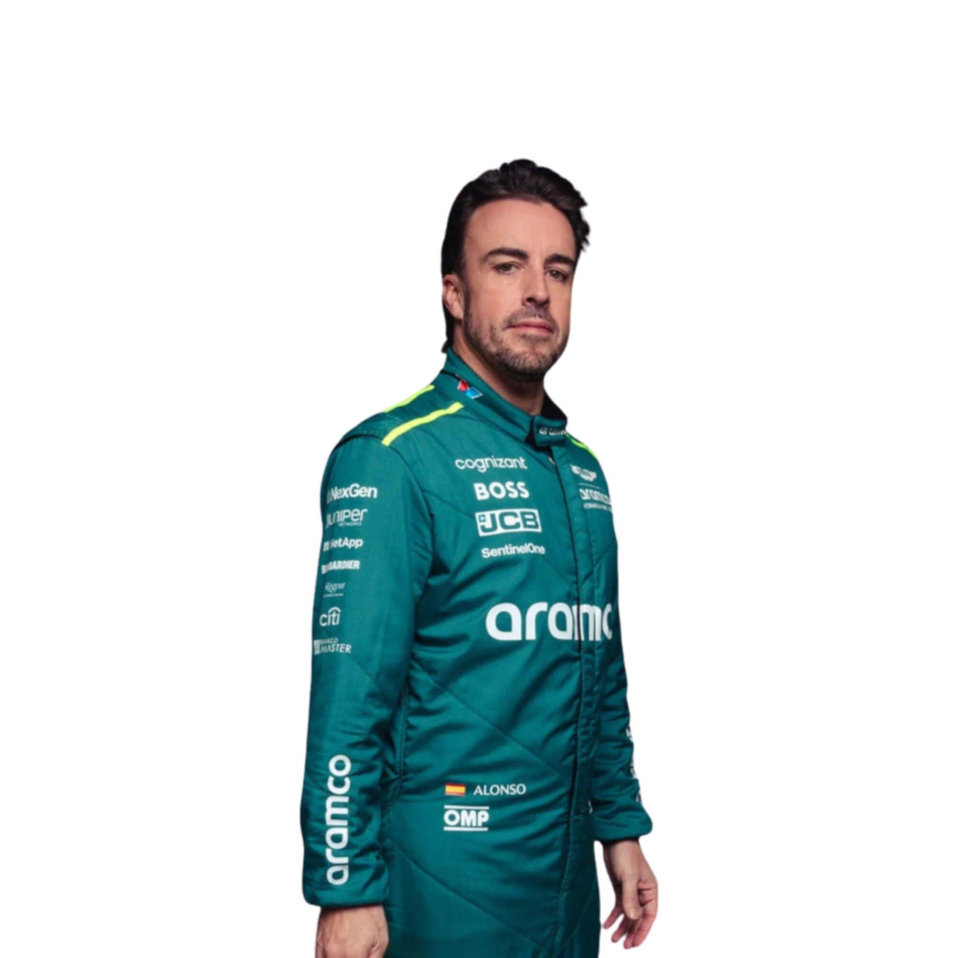 2024 Fernando Alonso Aston Martin F1 Team Race Suit Half Front, Featuring Sponsor Logos and Aston Martin Branding, Detailed Embroidery