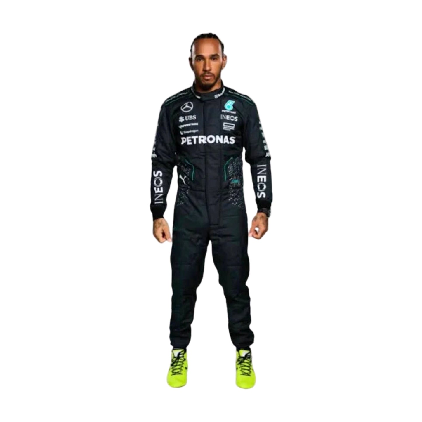 2024 Mercedes AMG F1 Racing Suit Back View, Silver with Embroidered Mercedes and Sponsor Logos, Worn by Lewis Hamilton