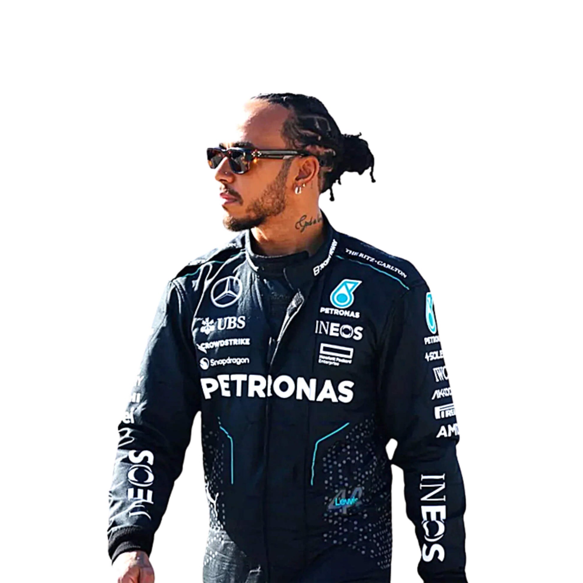 2024 Mercedes AMG F1 Racing Suit Right Side View, Silver and Black Design, Mercedes and Sponsor Logos, Worn by Lewis Hamilton