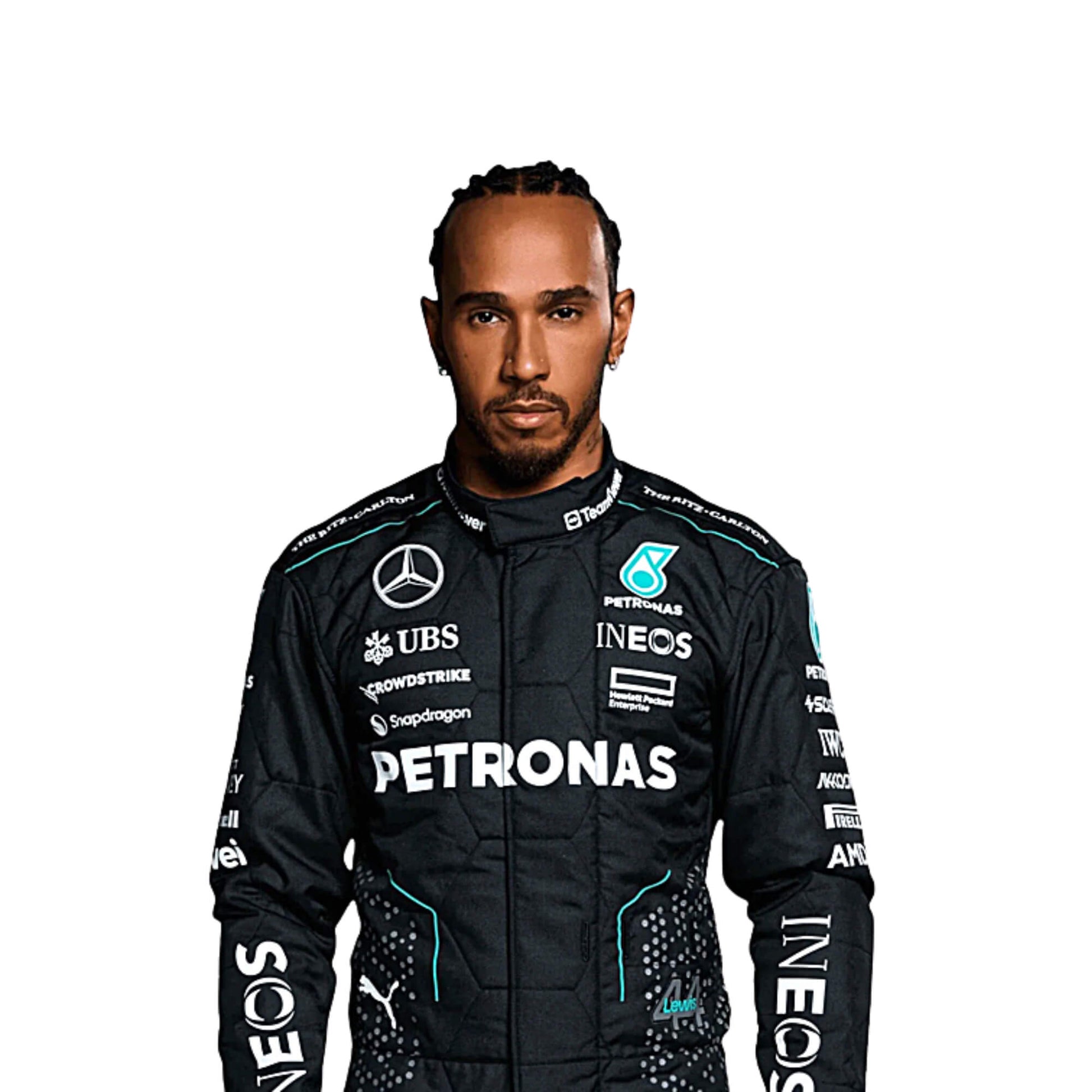 2024 Mercedes AMG F1 Racing Suit Right Side View, Silver and Black Design, Mercedes and Sponsor Logos, Worn by Lewis Hamilton