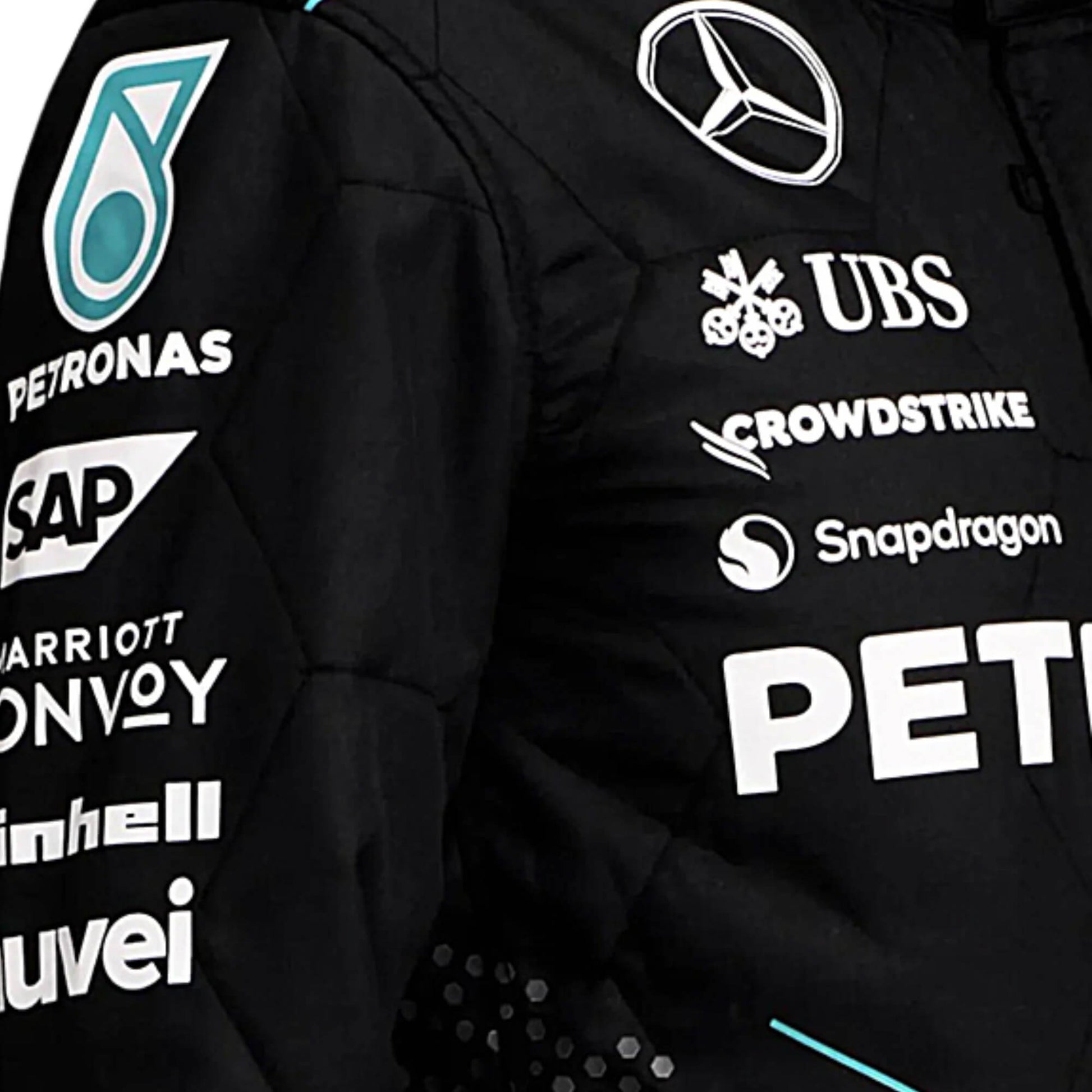 2024 Mercedes AMG F1 Racing Suit Right Side View, Silver and Black Design, Mercedes and Sponsor Logos, Worn by Lewis Hamilton