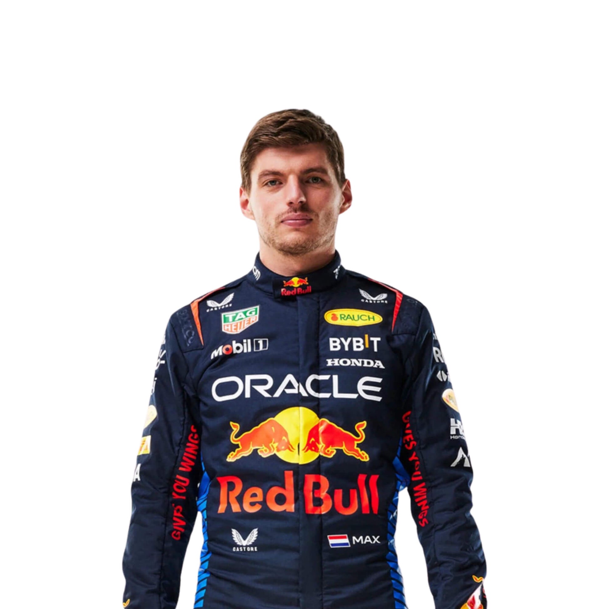 2024 Max Verstappen Red Bull F1 Race Suit Half Front View, Featuring Red Bull Logo on Chest, Embroidered Patches, and Signature Design