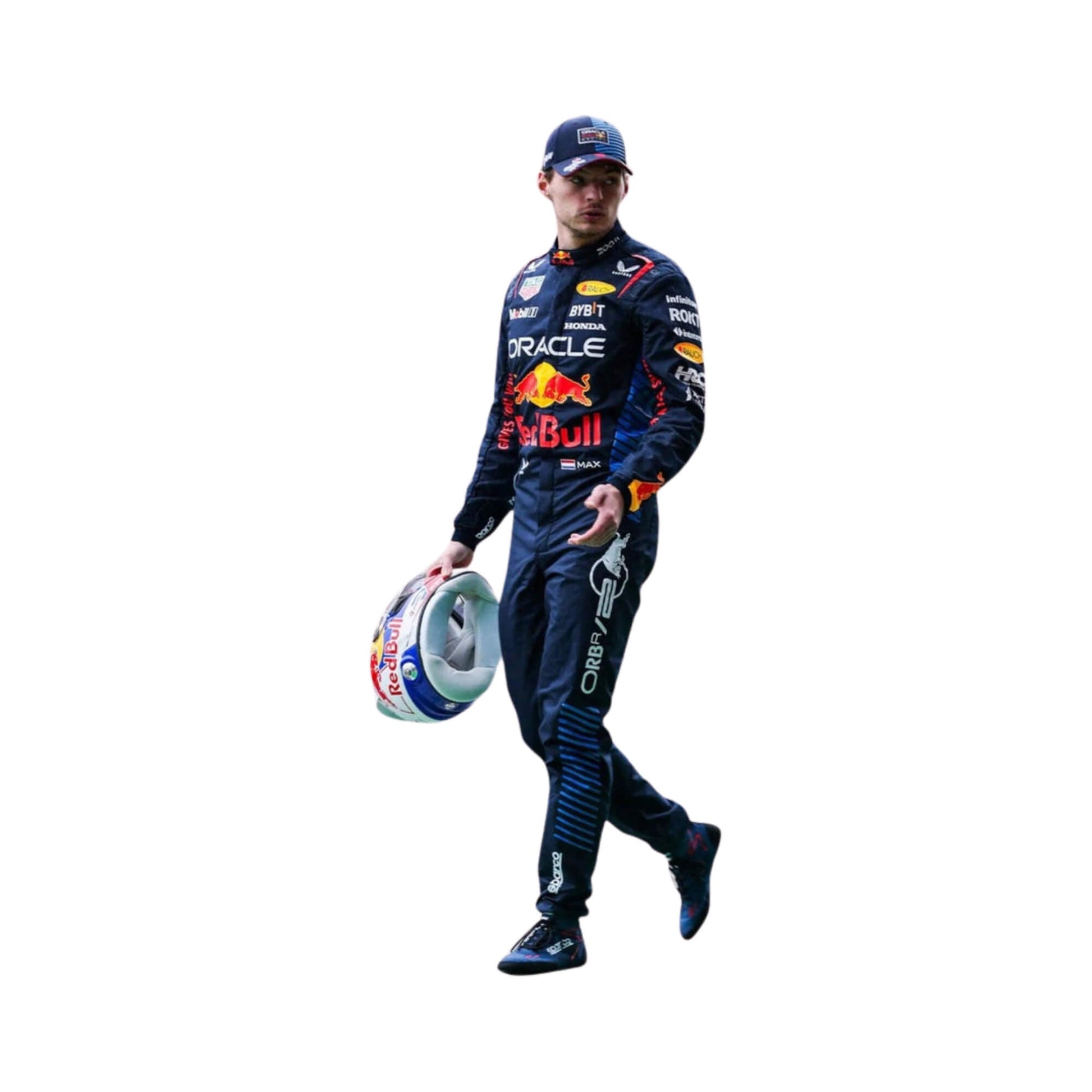 2024 Max Verstappen Red Bull F1 Race Suit Right Side View, Navy Blue Fabric, Red Bull and Sponsor Logos, Elastic Cuffs