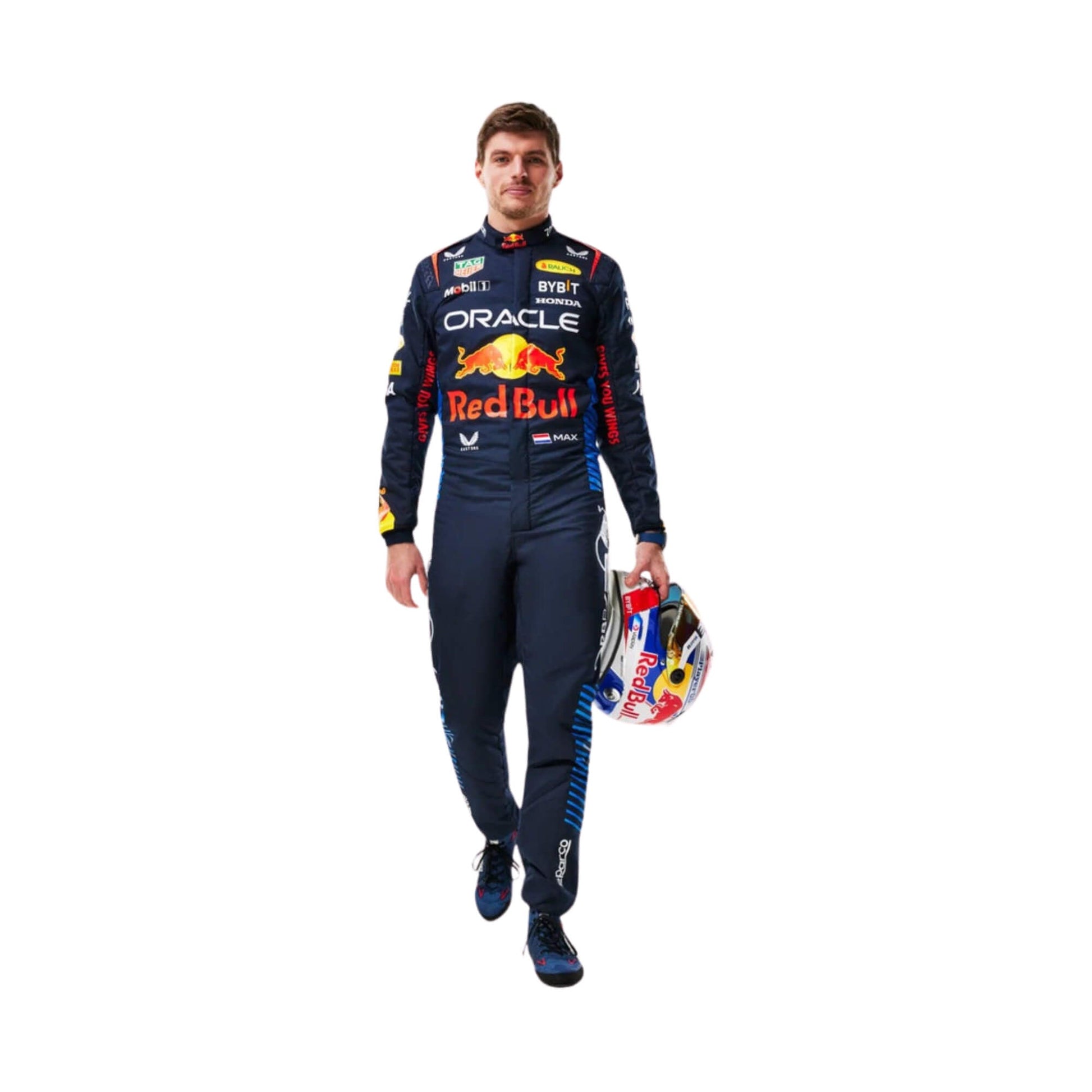 2024 Max Verstappen Red Bull F1 Race Suit Front View, Navy Blue with Red Bull and Oracle Logos, Embroidered Sponsor Patches, Classic Racing Design