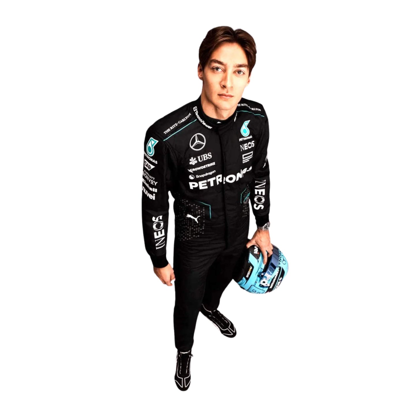 2024 Mercedes AMG F1 Racing Suit Front View, Silver and Black Design with Mercedes and Sponsor Logos, Worn by George Russell