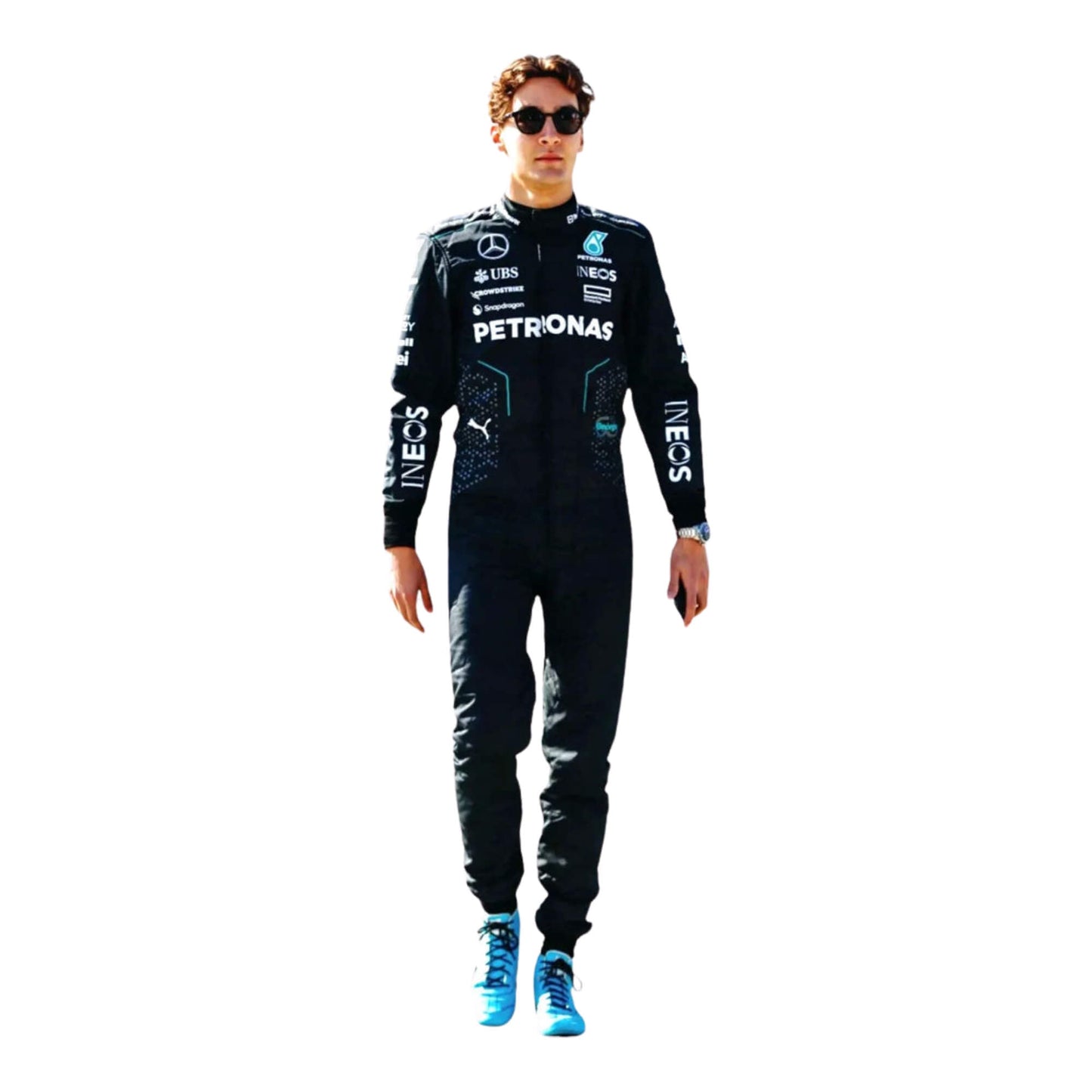 2024 Mercedes AMG F1 Racing Suit Front View, Silver and Black Design with Mercedes and Sponsor Logos, Worn by George Russell