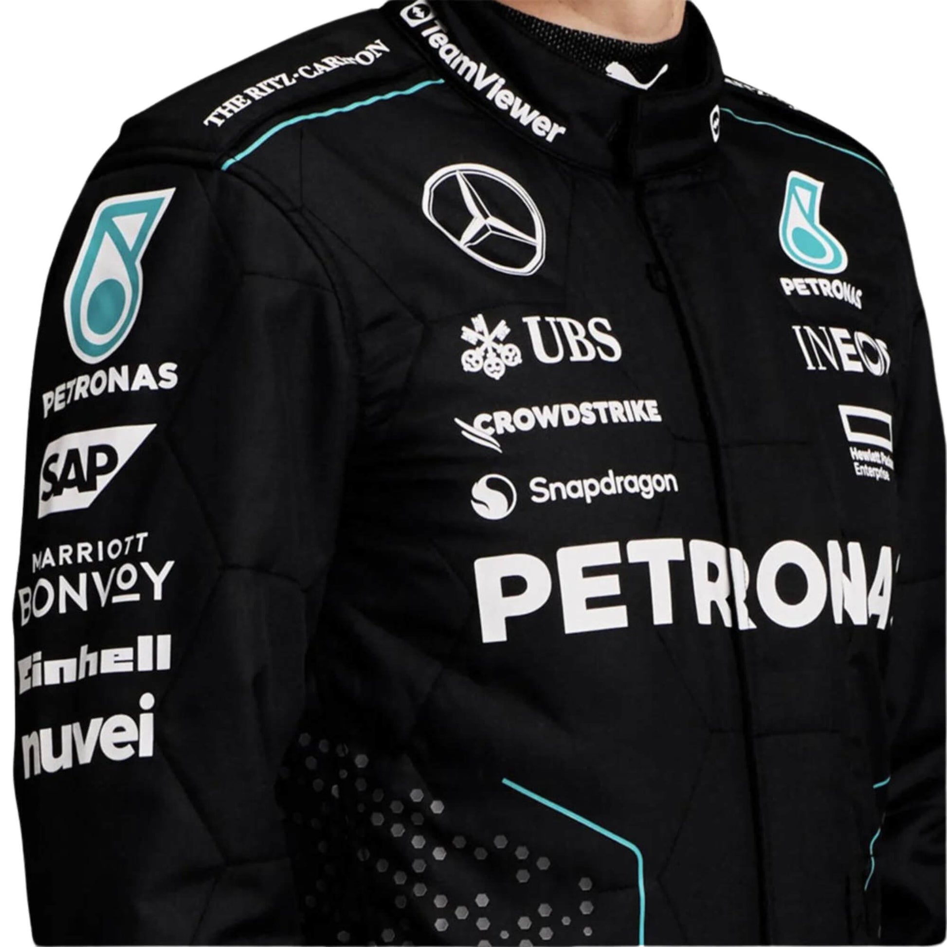 2024 Mercedes AMG F1 Racing Suit Half Front View, Featuring Silver and Black Design, Mercedes Branding, and Sponsor Logos, Worn by George Russell