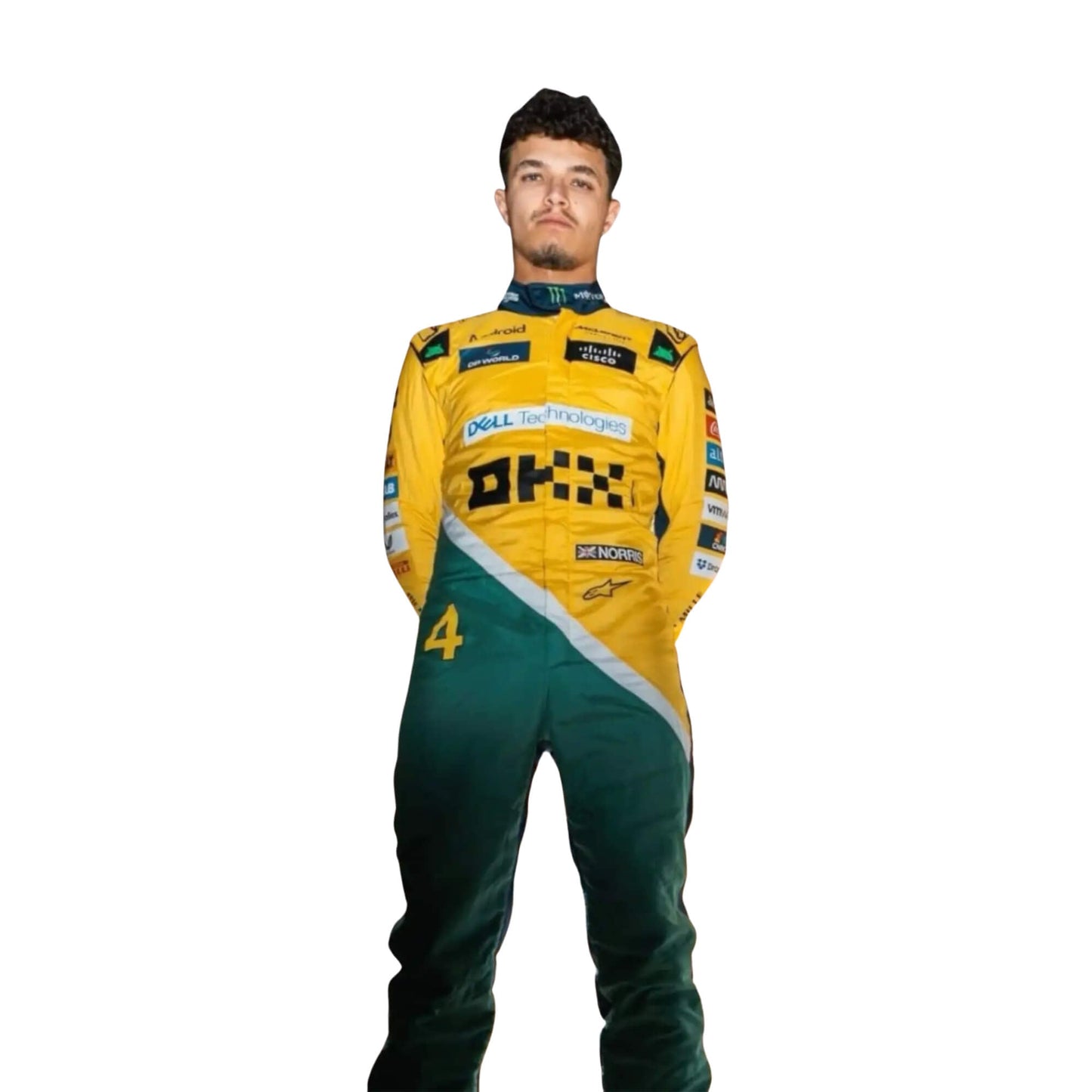 2024 New Lando Norris McLaren Monaco GP F1 Team Racing Suit Front View, Yellow and Black Design with McLaren, Sponsor Logos, and Embroidered Details