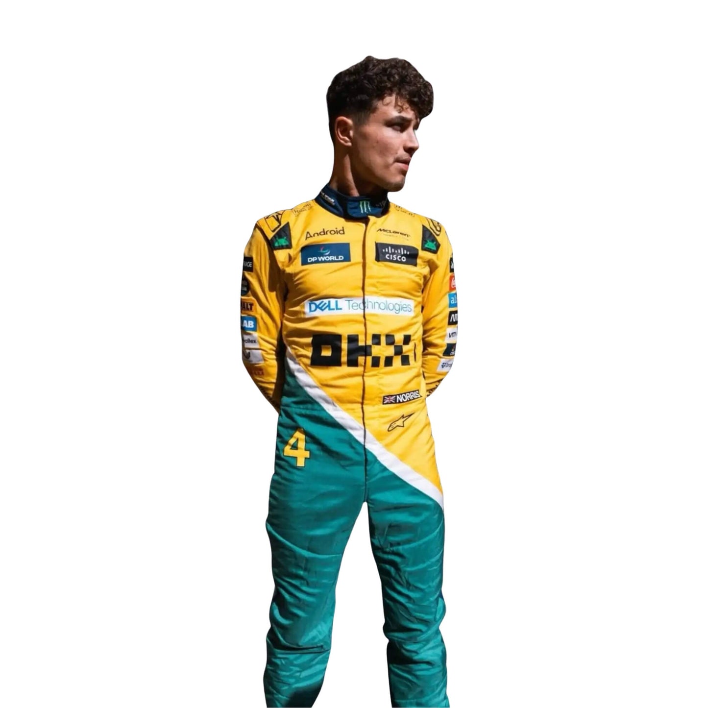 2024 New Lando Norris McLaren Monaco GP F1 Team Racing Suit Front View, Yellow and Black Design with McLaren, Sponsor Logos, and Embroidered Details