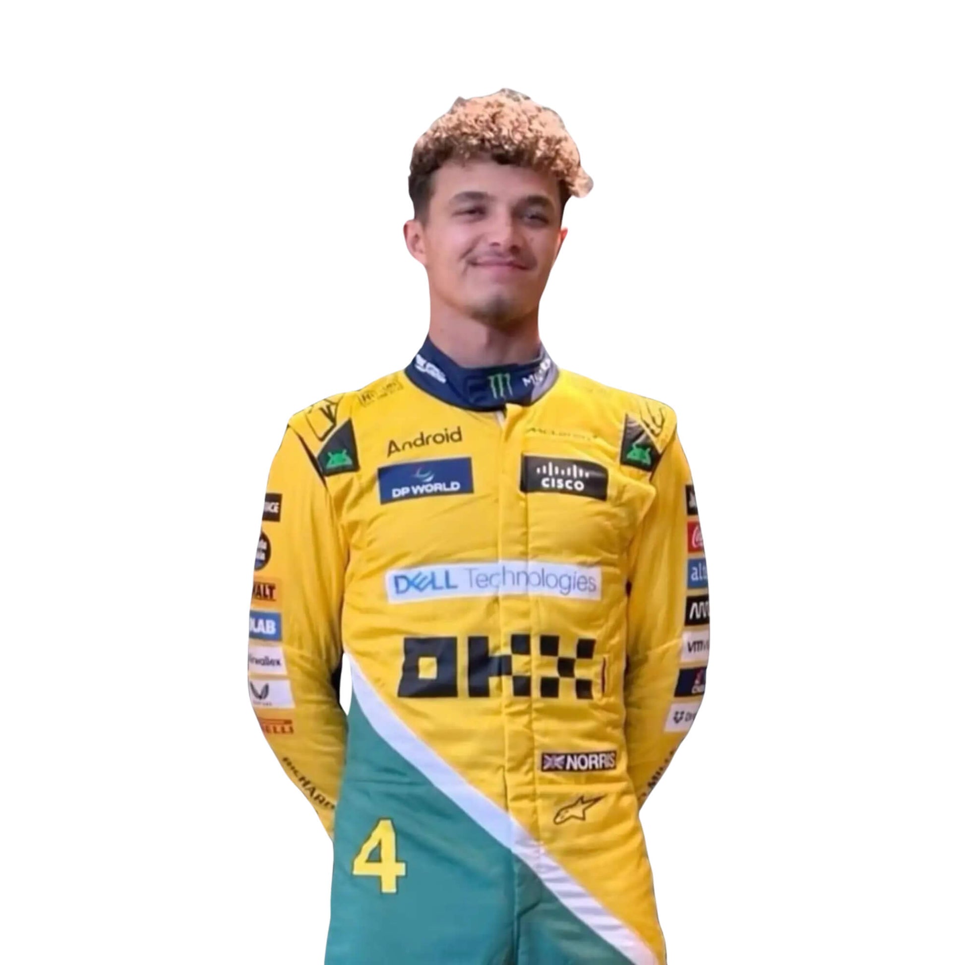 2024 New Lando Norris McLaren Monaco GP F1 Team Racing Suit Half Front View, Yellow Design with McLaren and Sponsor Logos, Embroidered Details