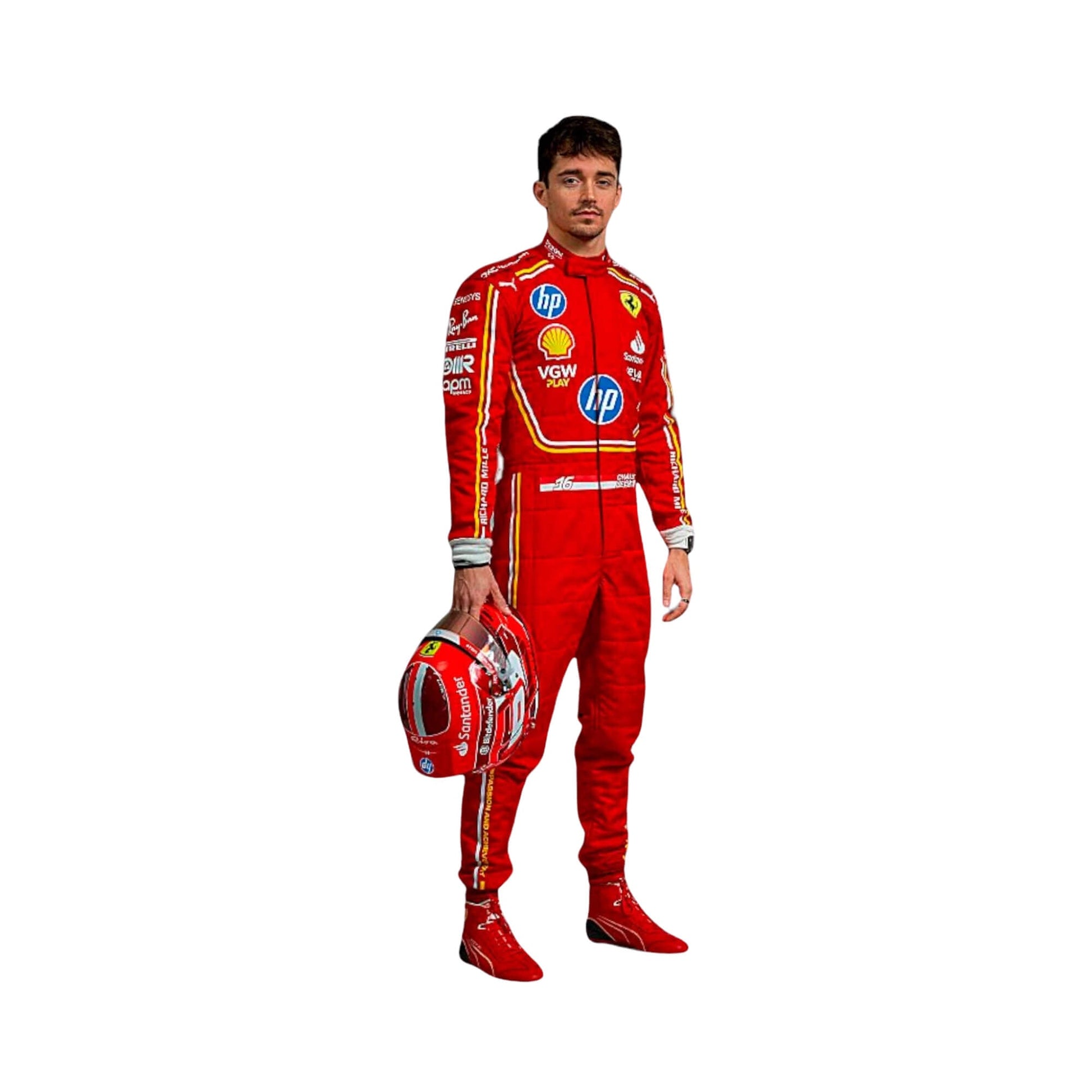 New 2024 Charles Leclerc Monaco GP Scuderia Ferrari F1 Team Racing Suit Front View, Red Design with Ferrari and Sponsor Logos, Embroidered Details