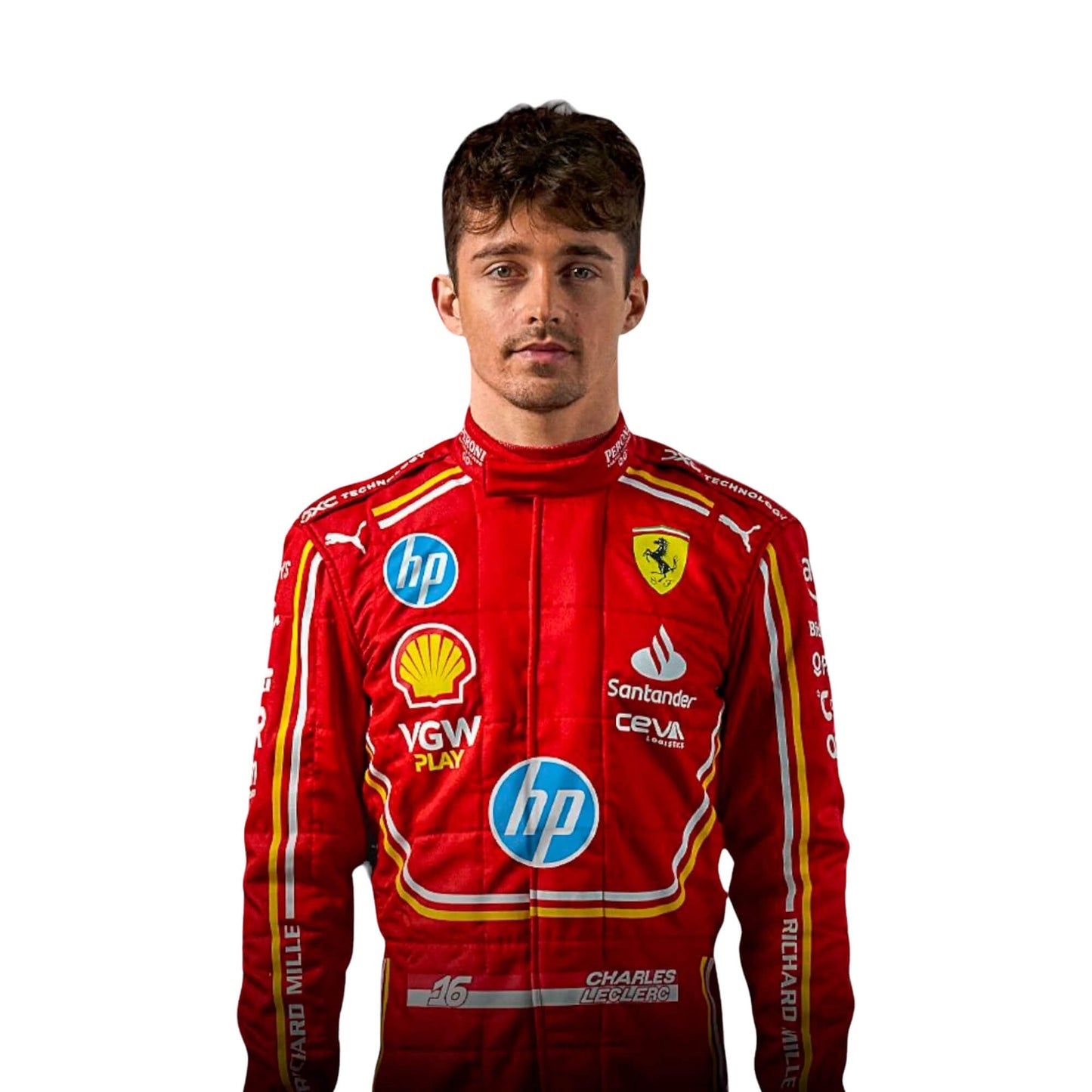 New 2024 Charles Leclerc Monaco GP Scuderia Ferrari F1 Team Racing Suit Half Front View, Ferrari and Sponsor Logos, Embroidered Details