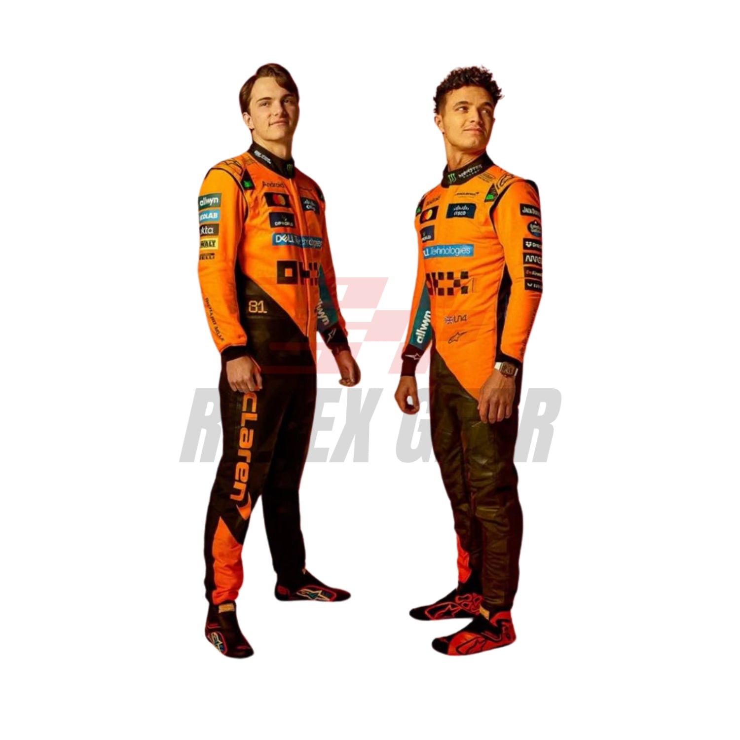 Front view of the 2025 F1 racing costume worn by Lando Norris and Oscar Piastri featuring papaya orange with carbon black accents, aerodynamic stretch panels, and technical sponsor logos.