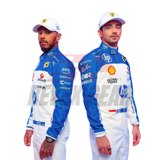 ront view of the 2025 F1 racing suits worn by Charles Leclerc and Lewis Hamilton at the Miami GP, showcasing sleek aerodynamic design with tropical-inspired detailing and precision sponsor placement.