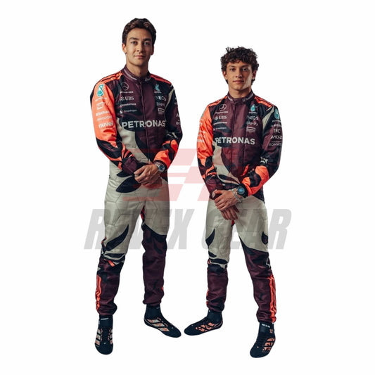 Front view of George Russell and Andrea Kimi Antonelli’s 2025 Miami GP F1 racing suits featuring modern aerodynamic tailoring, tropical-inspired graphics, and race-ready detailing.