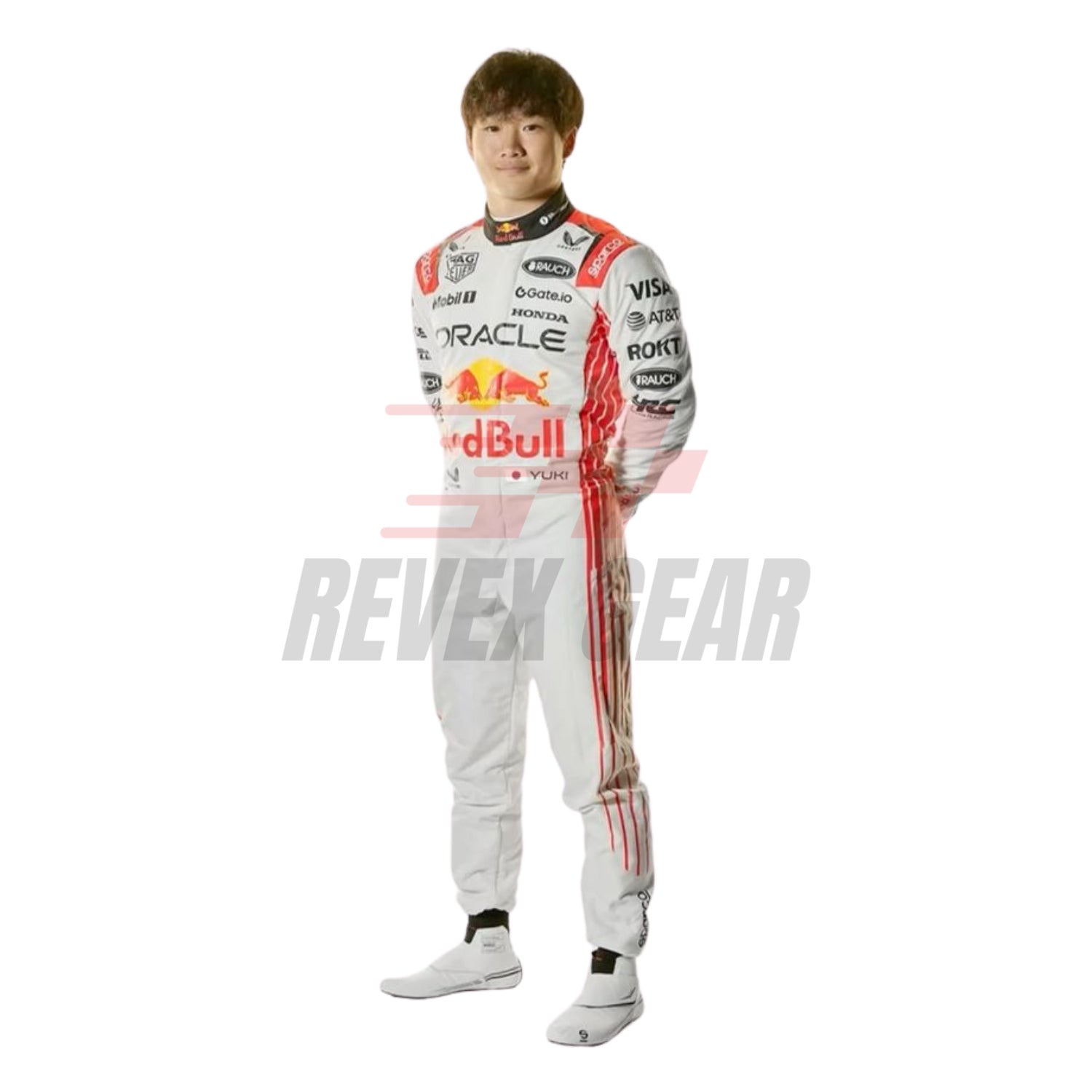 Side profile of Yuki Tsunoda's 2025 race suit, emphasizing the aerodynamic fit and the integration of blue and green elements on a white base.

