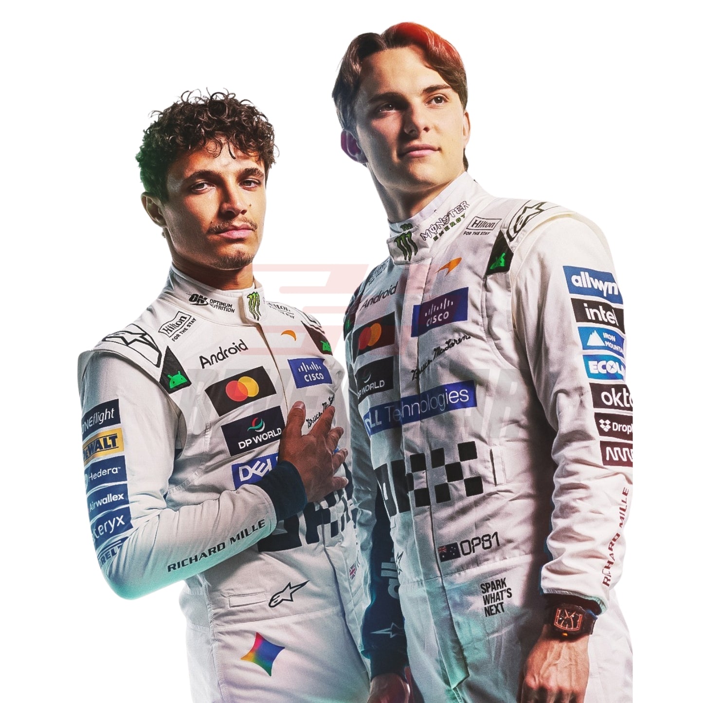 Close up View of Two race drivers Oscar Piastri and Lando Norris in white 2026 McLaren Bristish GP f1 racing suits with sponsor logos, standing against a white background. The suits feature prominent patches and branding including Castore, Alpinestars, and DPPI.