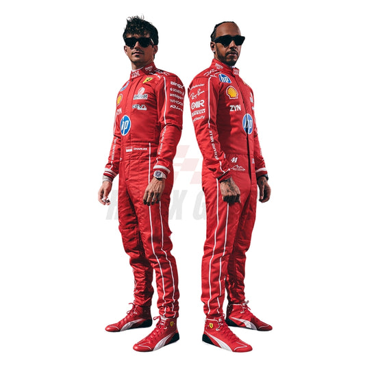 2026 Charles Leclerc & Lewis Hamilton Italian GP F1 Racing Suit and red Ferrari-shoes, standing side by side against a plain white background.
