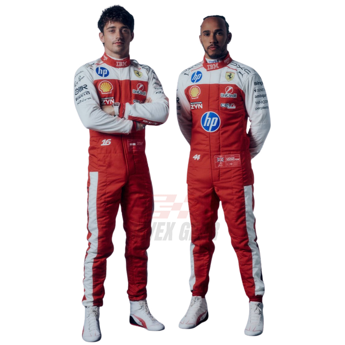 Charles Leclerc & Lewis Hamilton wearing a 2026 USGP Ferrari F1 racing suit with various sponsor logos - Revex Gear