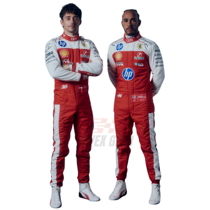 Charles Leclerc & Lewis Hamilton wearing a 2026 USGP Ferrari F1 racing suit with various sponsor logos - Revex Gear