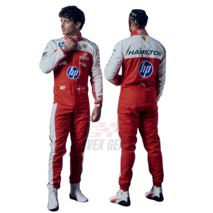 Charles Leclerc & Lewis Hamilton wearing a 2026 USGP Ferrari F1 racing suit with various sponsor logos - Revex Gear