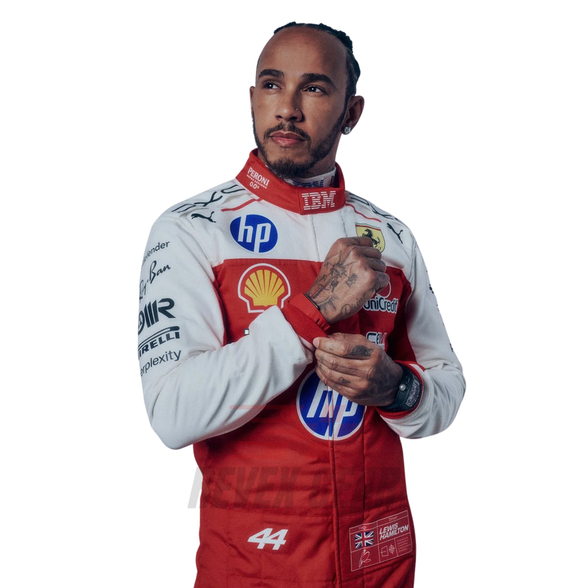  Lewis Hamilton wearing a 2026 USGP Ferrari F1 racing suit with various sponsor logos - Revex Gear