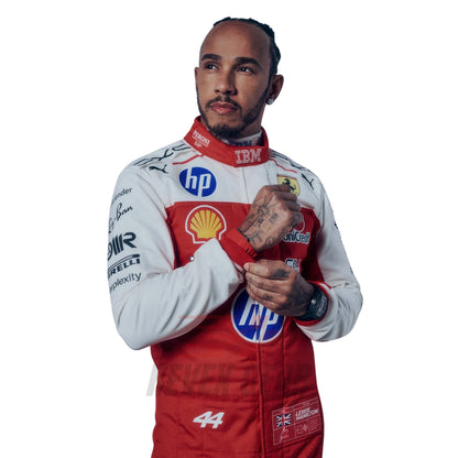  Lewis Hamilton wearing a 2026 USGP Ferrari F1 racing suit with various sponsor logos - Revex Gear