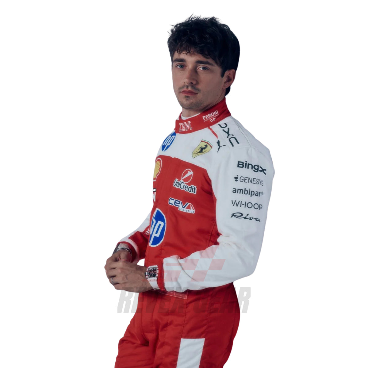Charles Leclerc wearing a 2026 USGP Ferrari F1 racing suit with various sponsor logos - Revex Gear