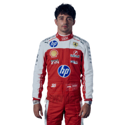 Charles Leclerc wearing a 2026 USGP Ferrari F1 racing suit with various sponsor logos - Revex Gear