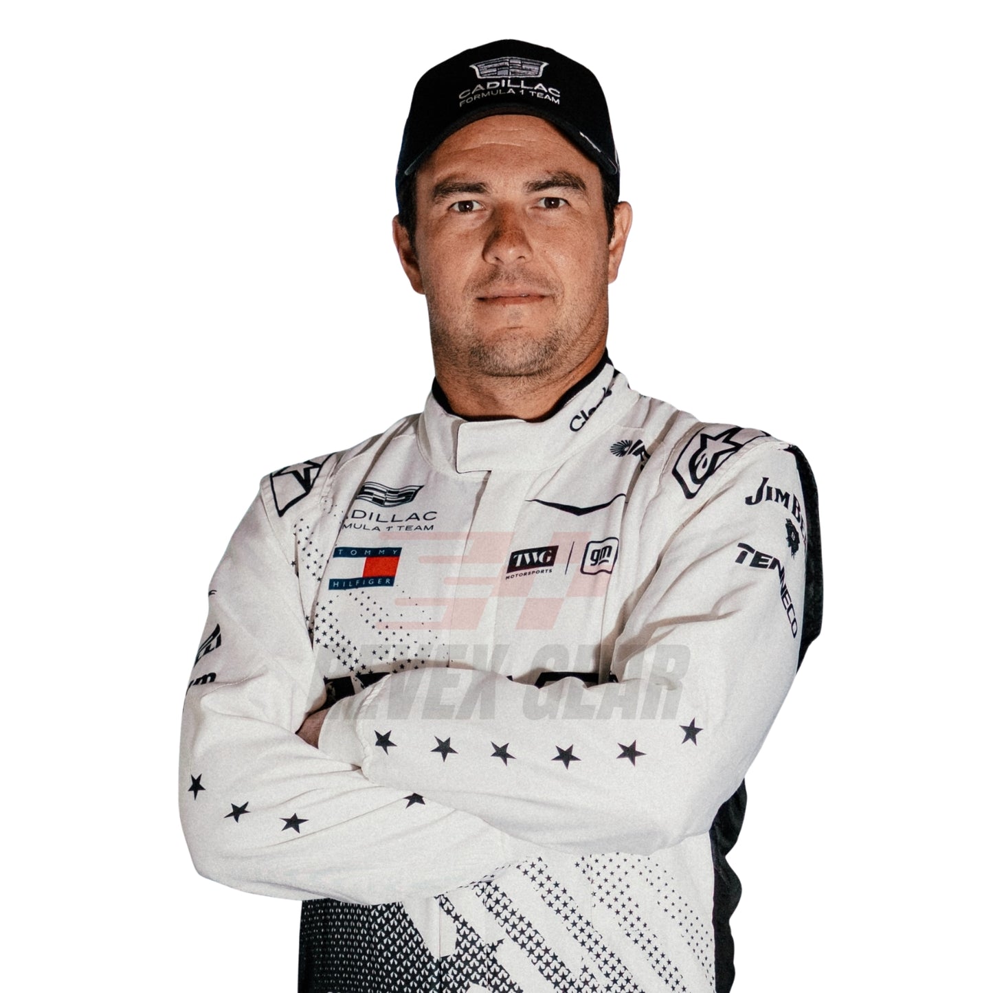 Close Up of Sergio wearing a 2026 miami white racing suit - Revex Gear