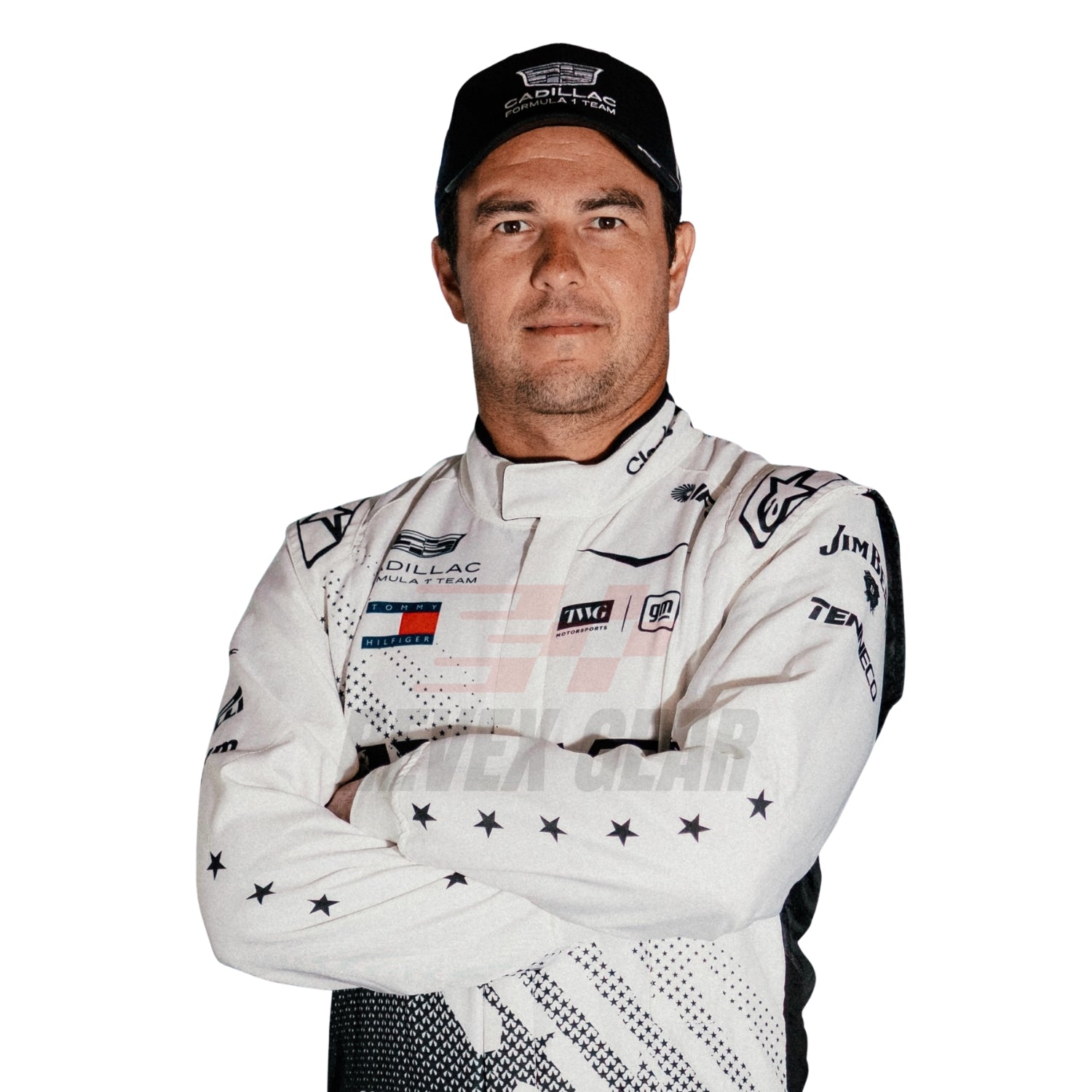 Close Up of Sergio wearing a 2026 miami white racing suit - Revex Gear