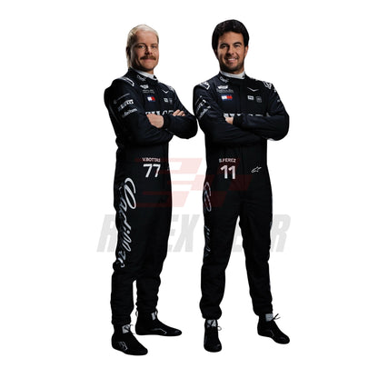 Valtteri Bottas and Sergio Perez posing wearing 2026 F1 racing costumes