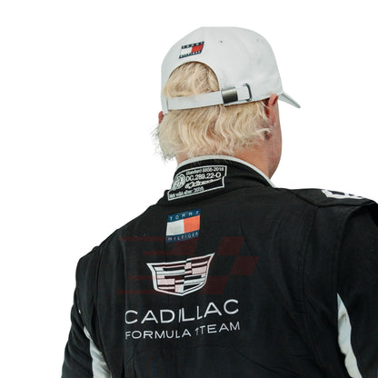 Back view of racing suit with Cadillac Formula 1 Team logo on a white background