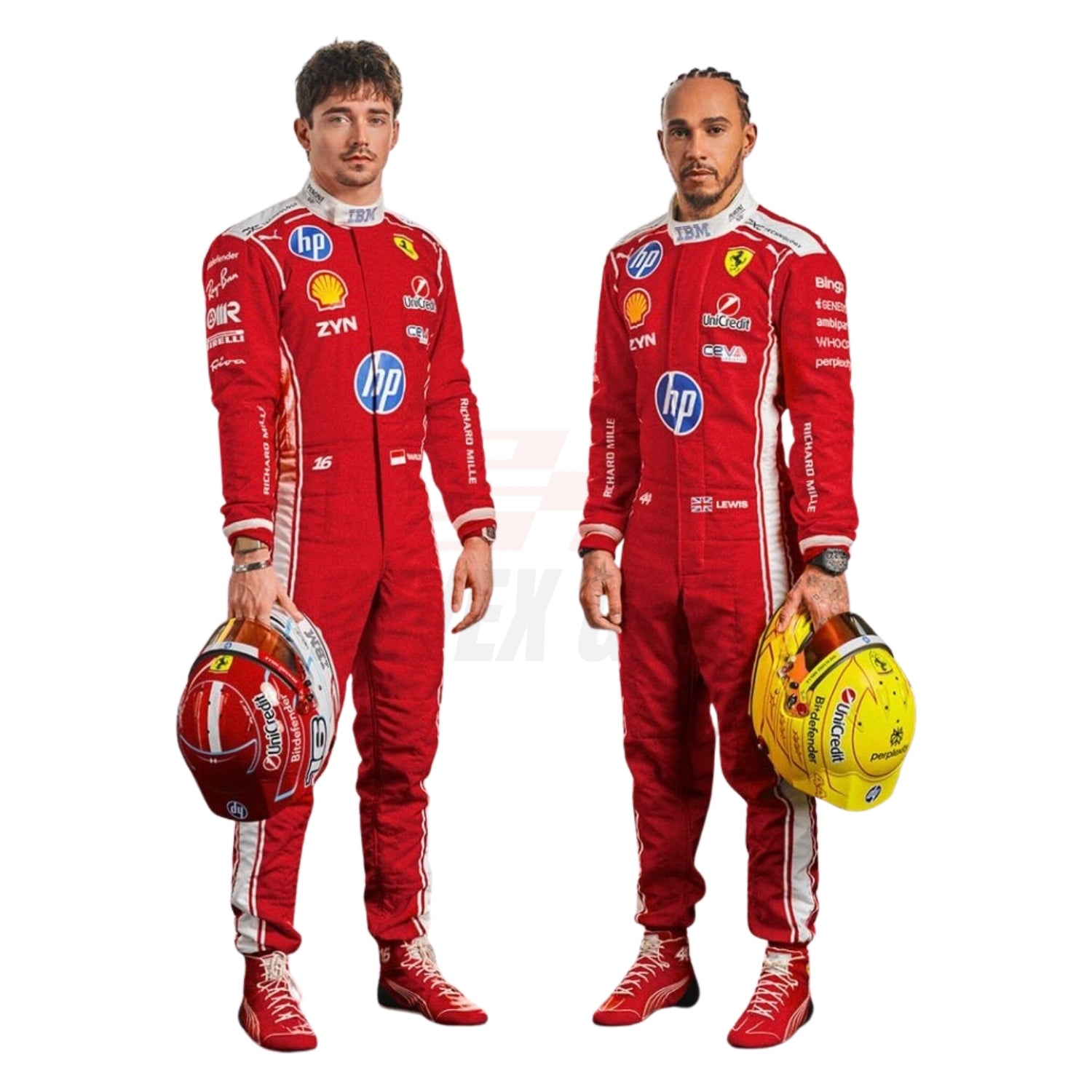 Charles and Lewis in red racing suits holding helmets on a white background