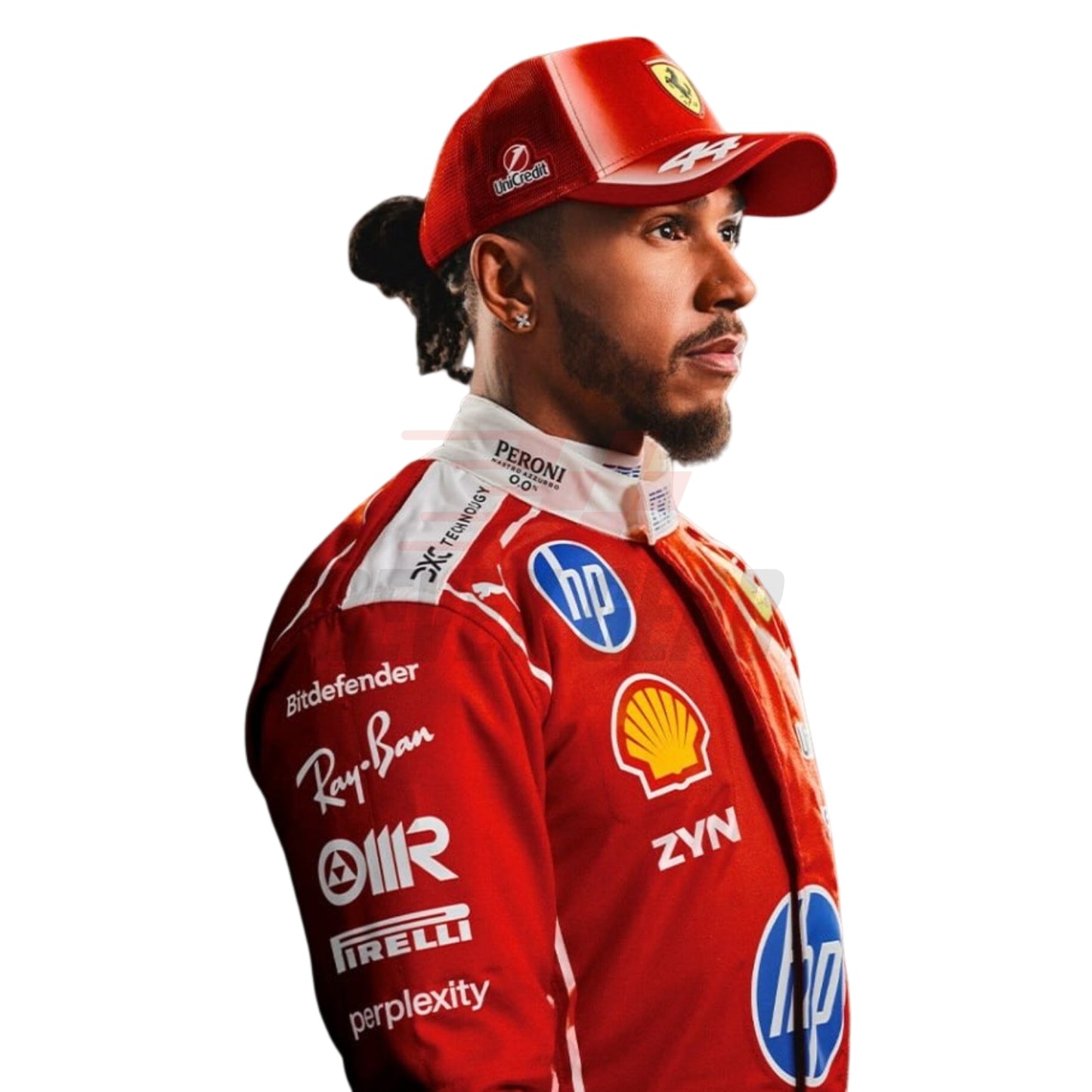Close up of Lewis Hamilton 2026 racing suit showing premium stitching and brand patches - Revex Gear