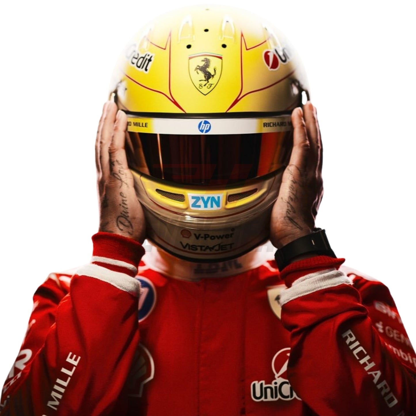 Close up of Lewis Hamilton 2026 racing suit showing premium stitching and brand patches - Revex Gear