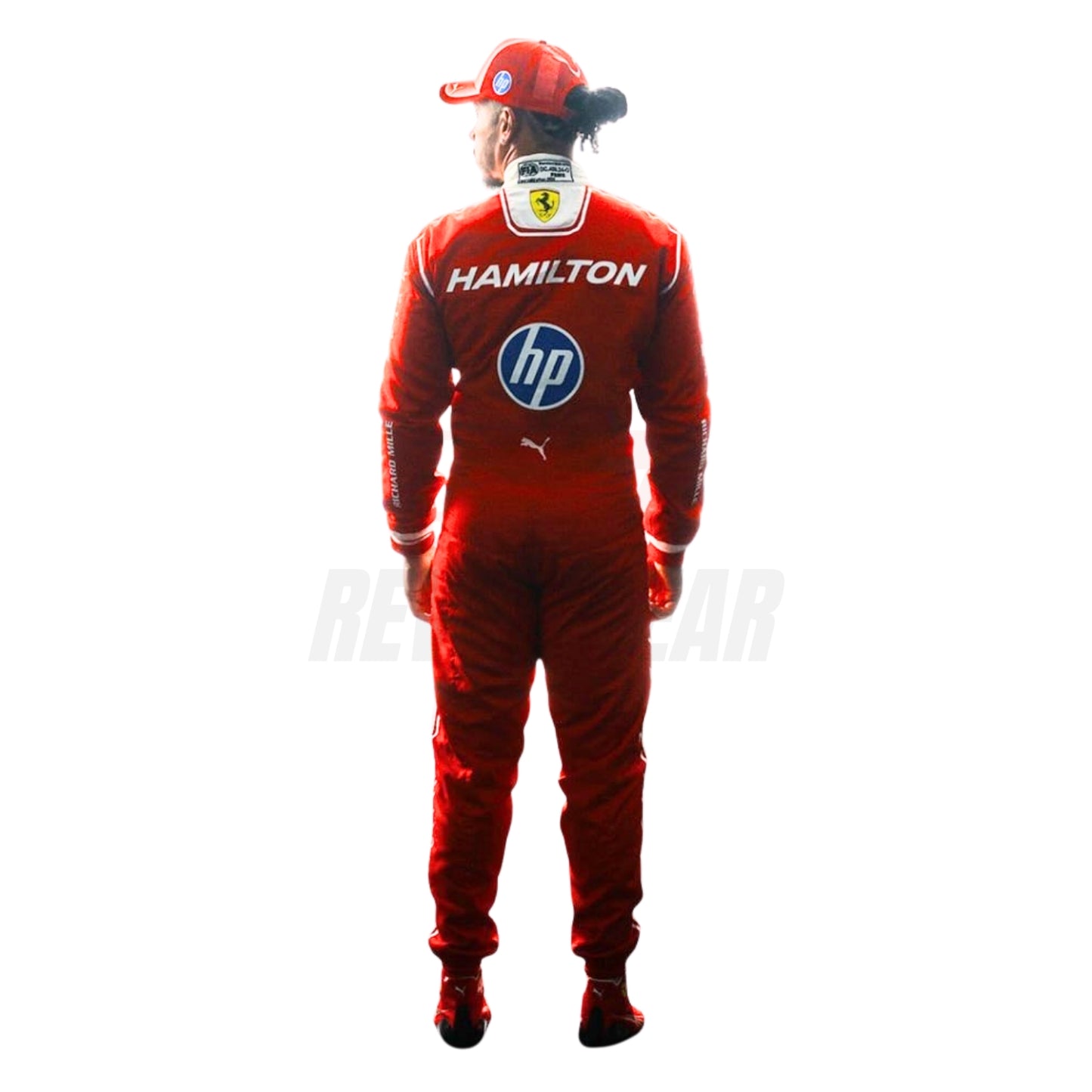 Lewis Hamilton wearing a Ferrari 2026 red f1 racing suit with 'Hamilton' and 'hp' logos on a white background - Revex Gear