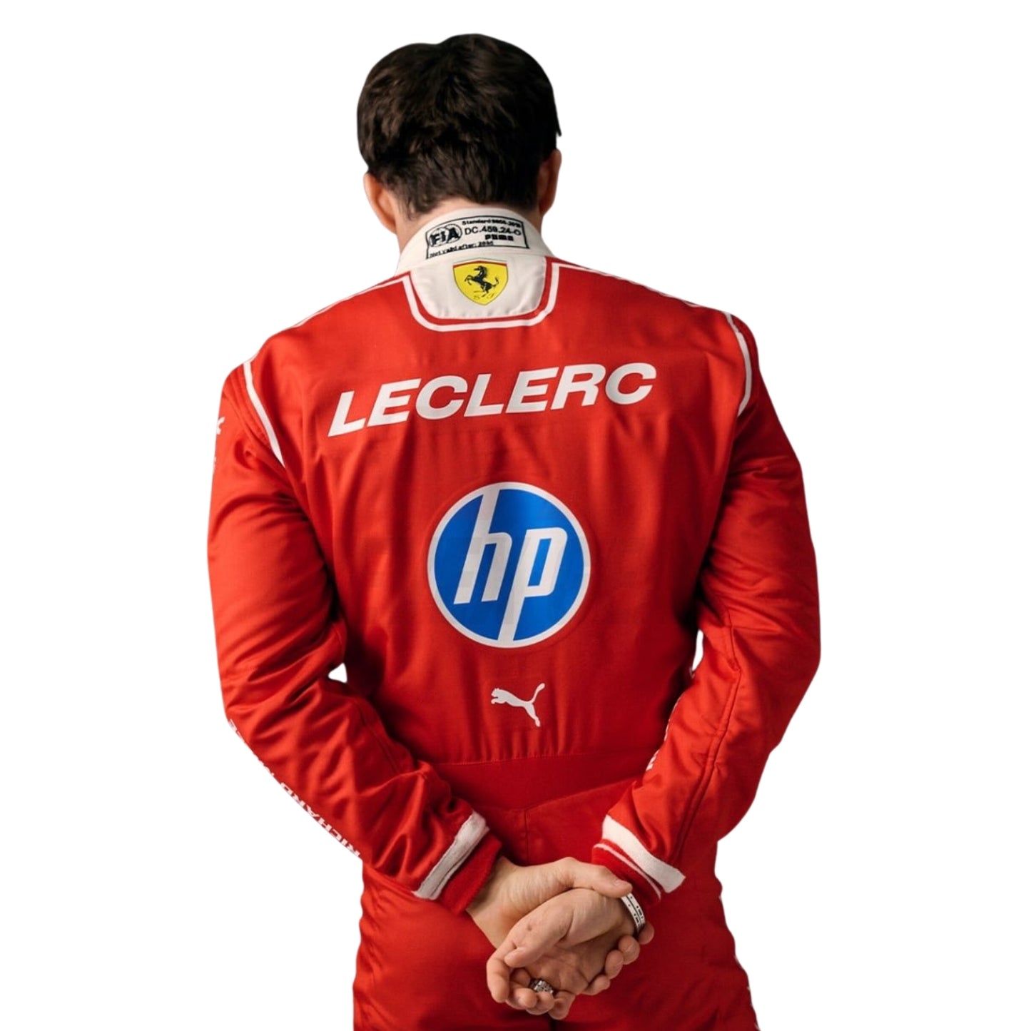 Back view of Charles Leclerc F1 suit featuring large number 16 and upper sponsor graphics - Revex Gear