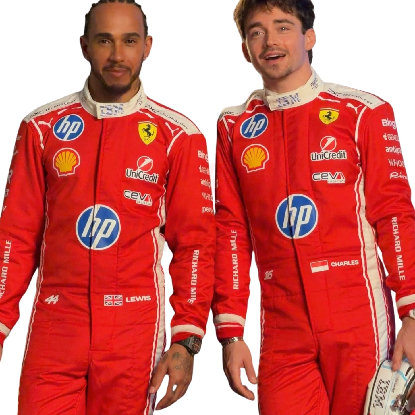 Charles Leclerc And Lewis Close Up view of wearing 2026 F1 racing costume front view