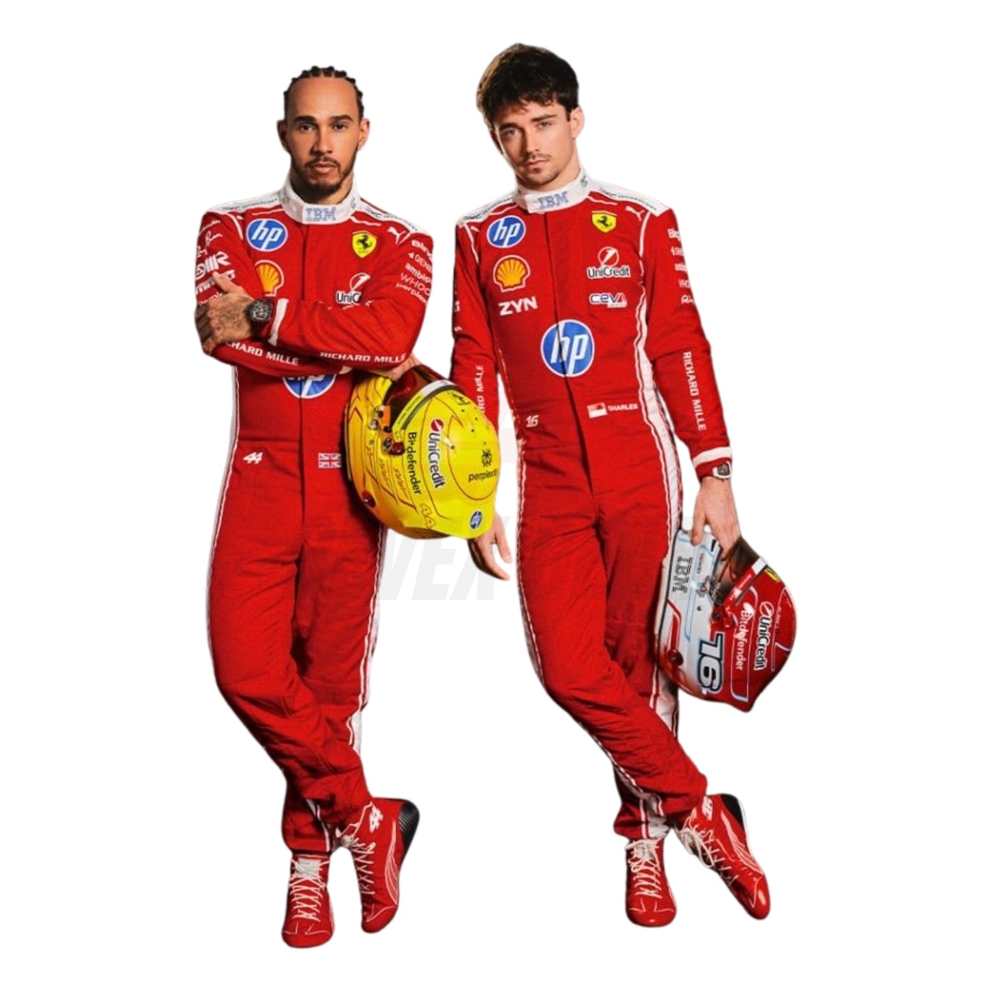Charles and Lewis in 2026 red f1 racing suits holding helmets on a white background