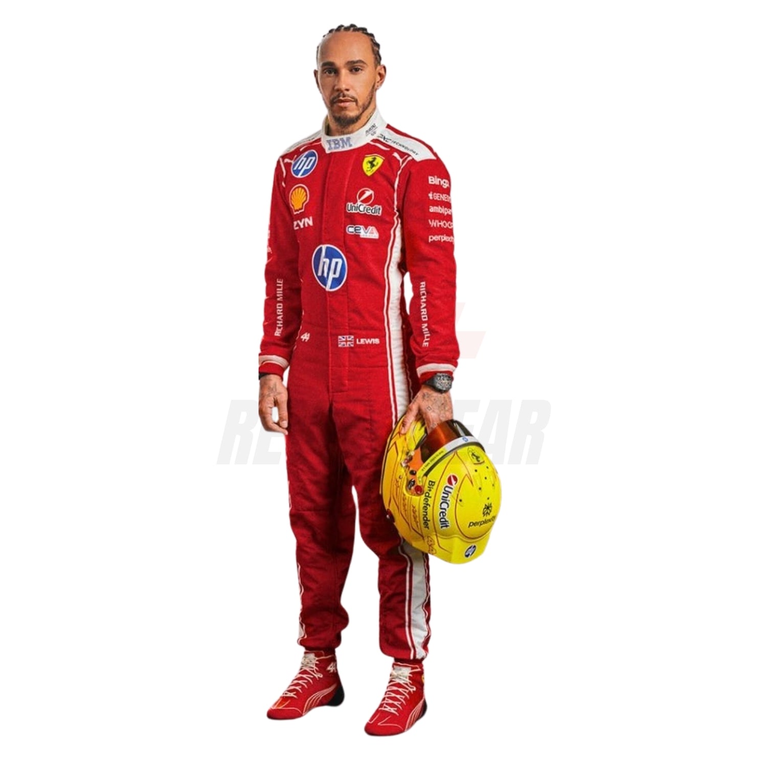 Lewis Hamilton 2026 red F1 racing suit front view with number 44 and sponsor logos, holding a yellow helmet - Revex Gear